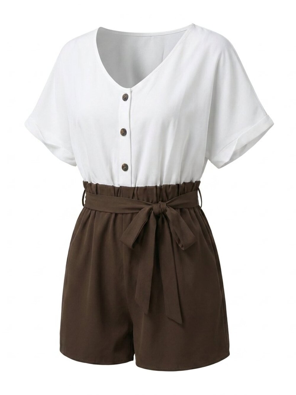Shein Curve Plus Size 1X Colorblock Short Romper Tie Waist White Olive Green